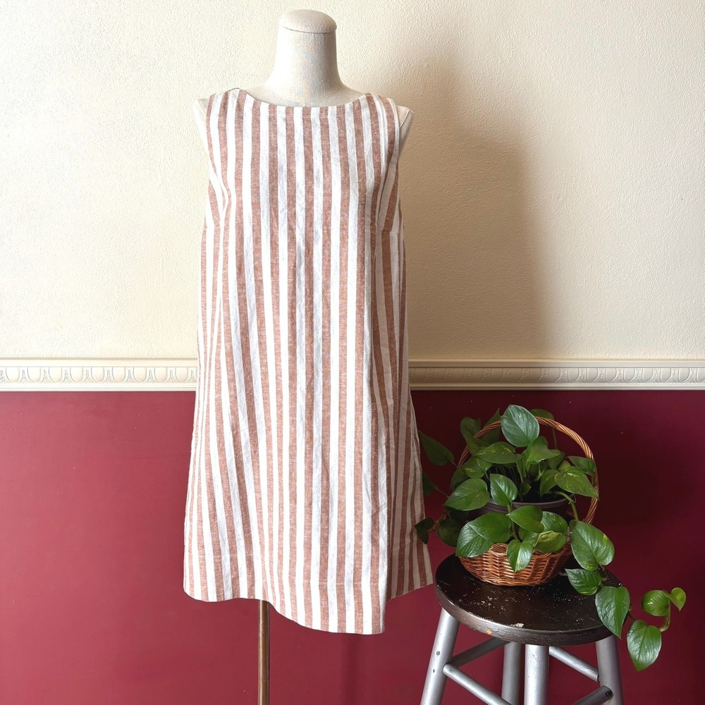 Old Navy Linen Blend Striped Sleeveless Mini Shift Dress Tan White Small Pockets